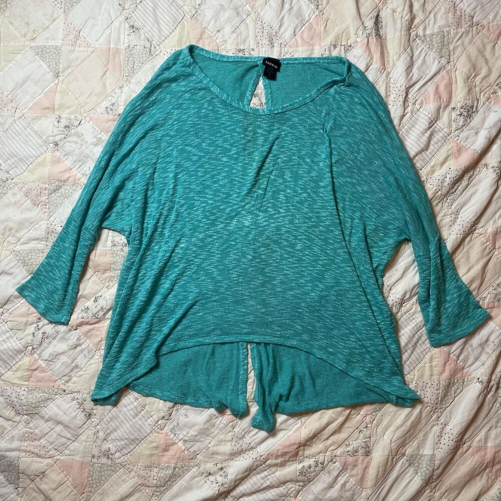 torrid size 3 teal blue open back keyhole sheer batwing half sleeve knit top 3xl